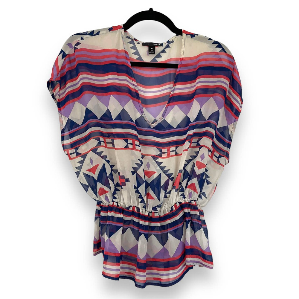 Aqua sheer top, Aztec Blue Red Purple White Women XS *some flaws, see photos